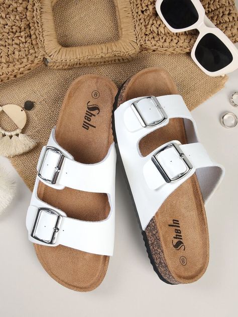 Minimalist Double Buckle Strap Flat Sandals | SHEIN USA Black Outfit Men, Women Flat Sandals, Footbed Sandals, Buckle Sandals, Cute Sandals, Womens Sandals Flat, Black Outfit, Flat Sandals, Fashion Online Shop