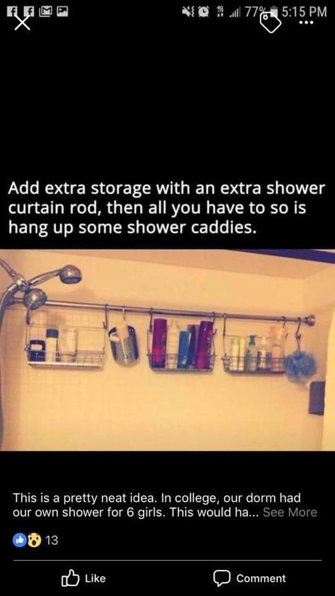 A tension rod with shower caddies for roommates' things Roommate Organization, Organization Images, Dorm Room Headboards, Dorm Hacks, Shower Caddies, Tension Rods, College House, Dorm Room Organization, Apartment Organization