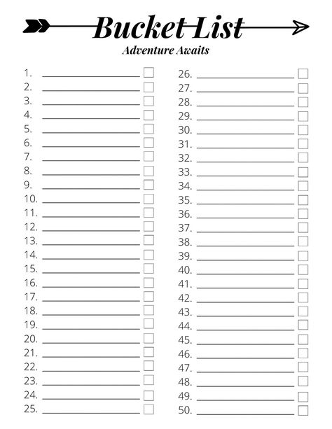 "\"Make a bucket list and fill it with dreams that have no boundaries\" - Annette White  Use this 50 item bucket list to write down the experiences and achievements that you hope to accomplish.  This is an 8.5x11 PDF. You will not be receiving any physical item. It is not editable.  Please do not hesitate to message me if you have any questions! :) HOW it WORKS: After purchasing, you will be taken to the Etsy download page, and your file will also be sent via email. Just download the file and pr Bucket List Bujo Layout, Bucket List Images, Bucket List Goodnotes, Cute Bucket List Design, Bucket List Printable Templates, Bucket List Design Layout, Bucket List Template Free Printable, Bujo Bucket List, Free Journal Printables Templates