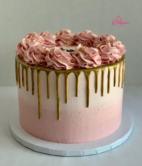 Single tier pink buttercream cake with gold drip and pink buttercream rosettes Drip Cake Pink And Gold, Buttercream Drip Cake Designs, Sweet 16 Drip Cake, Pink Buttercream Birthday Cake, Rosette Drip Cake, Pink Cake With Gold Drip, Single Cake Designs, Cake Designs Pink And Gold, Buttercream Designs Cake