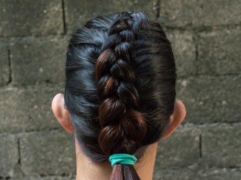 A reverse French braid is a beautiful modification of the classic French braid. It gives a bolder look to your braid, having it pop out and sit on top of your head, rather than weave inward and lay flat with the rest of your hair. A... Reverse French Braid, Reverse French Braids, Reverse French, Easy Updos For Long Hair, French Braid Ponytail, How To Braid, Dutch Braid Hairstyles, Long Thin Hair, Hairstyles Curls