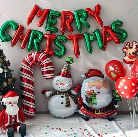 "Merry Christmas Balloon Say Merry Christmas in style with these Christmas party decorations. -Material: Foil -Dimensions: 16\" -Includes straw to air fill the balloons -Includes string to hang" Merry Christmas Balloons Decoration, Office Xmas Party, Balloon Christmas, Christmas Balloon Decorations, Holiday Balloons, Green Letters, Winter Celebration, Decoration Balloon, Office Christmas Party