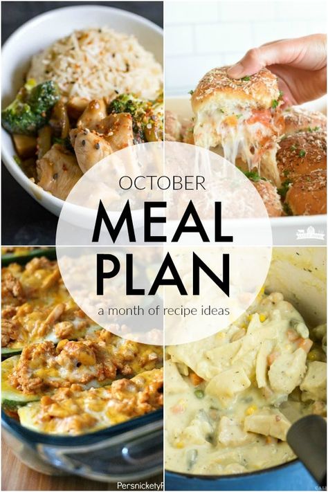 If you struggle to plan dinner ideas every night like me, we have some recipe ideas for you. This October Meal Plan will help make dinner quick and easy. | www.persnicketyplates.com How To Meal Plan For The Week Families, 2 Person Meal Plan, Meals For October, Meijer Meal Plan, Meal Plan Recipes For The Week, October Menu Plan, October Meal Plan Calendar, Winter Meal Plan Families, October Meal Plan Dinners