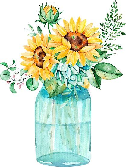 Sunflowers, Mason jar, sunflower bouquet, watercolor, watercolor sunflowers • Millions of unique designs by independent artists. Find your thing. Sunflower Bouquet Drawing, Sunflower Watercolor Painting, Bouquet Watercolor, Watercolor Sunflowers, Sunflower Drawing, Sunflower Bouquet, Sunflower Bouquets, Sunflower Art, 수채화 그림