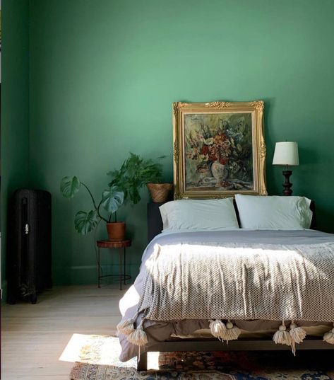 Arsenic Green bedroom walls from farrow & Ball paints. Green Bedroom Walls, Green Bedroom Design, Above Bed Decor, Green Bedroom, Green Walls, Simple Room, Vintage Bedroom, Bedroom Color Schemes, Green Rooms