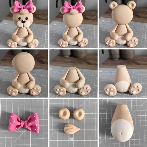 Working With Fondant, Cute Cake Toppers, Fondant Teddy Bear, Kue Fondant, Cake Decorating Courses, Fondant Cake Designs, Idee Babyshower, Bear Cake Topper, Fondant Rose