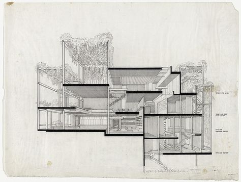 [Paul Rudolph's penthouse apartment, 23 Beekman Place, New York City. 1965, Cross section. Photograph] Paul Rudolph Architecture, Section Drawing Architecture, Sectional Perspective, Paul Rudolph, Section Drawing, Architecture Elevation, Architect Drawing, Architecture Panel, Architecture Sketchbook