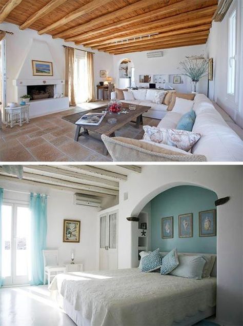 When you look at the images of this home, you can tell it’s a Greek seaside home by its thick rounded edge white-washed walls, all curvy and soft, and that distinguishable white and blue color palette. It’s all bright, airy and light, balanced out with some strong rustic accents. But then there’s an interesting twist … Mediteranian Decor, Medeteranian Homes, Greek Style Home, Greek Homes, Greek Decor, Mediterranean Interior, Casa Country, Cob House, Mediterranean Decor