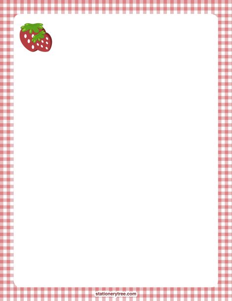 Printable strawberry stationery and writing paper. Free PDF downloads at http://stationerytree.com/download/strawberry-stationery/. Cute Stationary Paper, Korean Stationery Printables, Strawberry Stationary, Cute Lined Paper, Strawberry Border, Cute Writing Paper, Strawberry Notes, Strawberry Paper, Mordecai Y Rigby