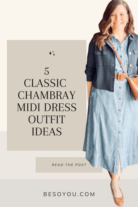 See 5 ways to style this versatile chambray shirtdress, effortlessly transitioning from casual day to polished work or weekend looks. Chambray Dress Outfit Fall, Chambray Shirt Dress Outfit, Shirtdress Styling, Chambray Dress Outfit, Short Black Cardigan, Khaki Cardigan, Checked Shirt Dress, Midi Dress Outfit, Weekend Looks