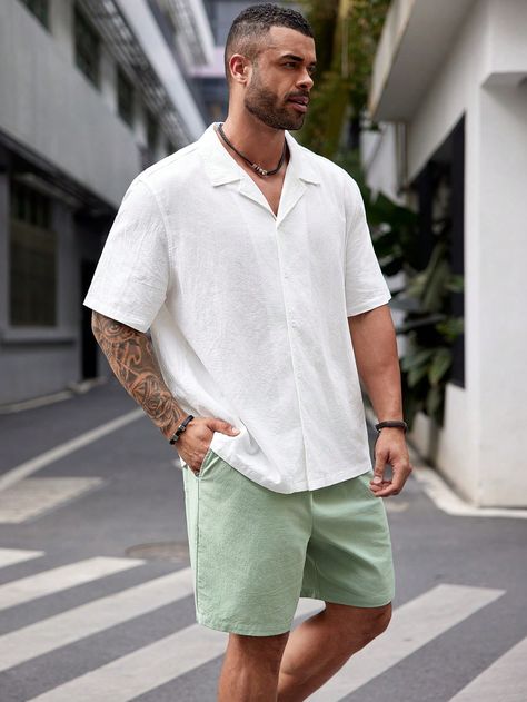 Multicolor Casual Collar   Colorblock,Plain  Embellished Non-Stretch  Men Plus Size Clothing Hot Weather Fashion Men, Big Men’s Style, Mens Summer 2024 Outfits, Dad Summer Outfits Men, Pastel Mens Outfits, Big Guy Summer Fashion, Over Size Outfit Men, Italian Men Style Summer, Men’s Clothing Beach