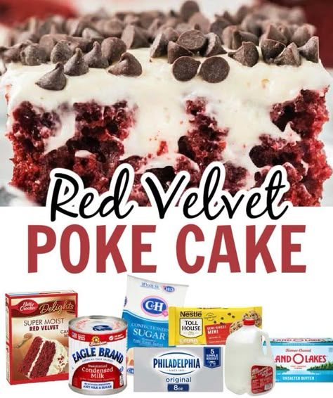 Red Velvet Poke Cake Recipe, Red Velvet Cake Mix Recipes, Red Velvet Poke Cake, Recipe With Condensed Milk, Easy Red Velvet, Red Velvet Desserts, Recipes Using Cake Mix, Poke Cake Recipe, Boxed Cake Mixes Recipes