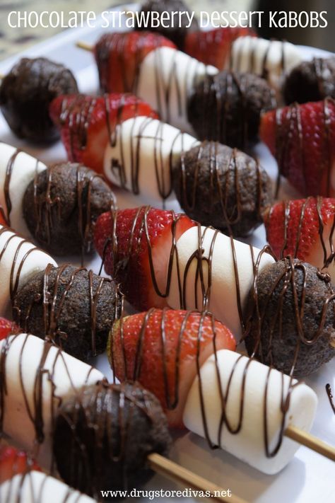 Chocolate Strawberry Dessert Kabobs Recipe | Drugstore Divas Chocolate Strawberry Dessert, Chocolate Strawberry Desserts, Grilled Skewers, Dessert Kabobs, Dessert Skewers, Strawberry Shortcake Dessert, Gluten Free Marshmallows, Delicious Cornbread, No Bake Summer Desserts