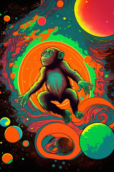 A poster of a trippy monkey floating through the vastness of space. Trippy Posters, Wise Monkeys, A Monkey, Camping Art, Summer Art, Art Wallpaper, Printed Items, Floating, Digital Prints