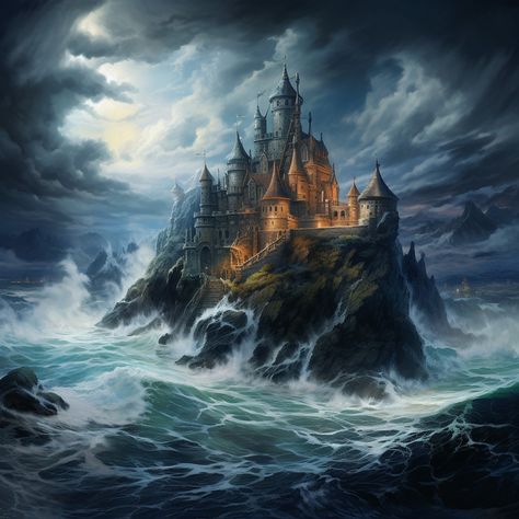 Fantasy Castle By The Sea, Ocean Castle, Castle By The Sea, Sea Castle, Water Castle, Sea Stories, Dark Castle, Haunted Castle, Castle Art