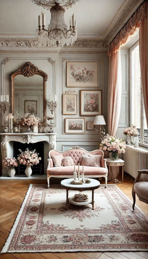 Parisian-style living room with a pink velvet loveseat, ornate fireplace, crystal chandelier, floral artwork, and vintage decor accents. Pink Room Gold Accents, French Lounge Room Ideas, French Chic Apartment, Large Mirror Over Fireplace Living Room, Small French Living Room, Cozy Parisian Living Room, Pink Victorian Room, Pink And Beige Living Room, French Glam Decor