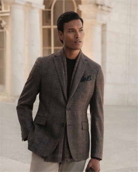 Made with the finest Italian wool, this blazer conveys warmth and a refined look due to its traditional Prince of Wales check design featuring brown tones with terracotta and blue sparkles. #HackettLondon #HowToHackett Terracotta And Blue, Prince Of Wales Check, Hackett London, Check Design, Savile Row, Blue Sparkles, Cheque Design, Brown Tones, Prince Of Wales