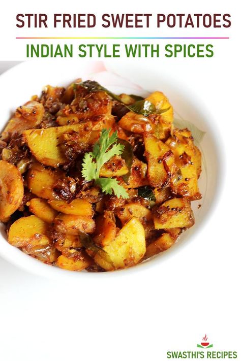 Sweet potato stir fry Sweet Potato Indian Recipes, Indian Sweet Potato Recipe, Sweet Potato Stir Fry Recipes, Stir Fry Sweet Potato, Sweet Potato Recipes Indian, Sweet Potato Fry, Sweet Potato Stir Fry, Potato Stir Fry, Pumpkin Recipes Dinner