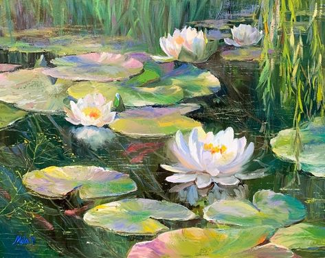 Lotus Wall Art, Koi Fish Painting, Water Lilies Art, Painting Lotus, Water Lilies Painting, Cover Pic, Lily Painting, Art Water, Seni Cat Air