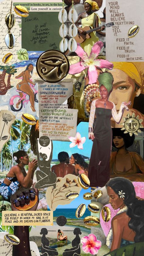 caribbean spiritual vibes , i love this one!𖤓 #blackgirlaesthetic #blackgirlshuffles #caribbean #island #spiritual #erykahbadu #coconutgirl #coconutgirlaesthetic #blackwomen #jheneaiko Carribean Fashion, Vision Collage, Spiritual Vibes, Summer Goddess, Goddess Aesthetic, Caribbean Island, Black Aesthetic Wallpaper, Picture Collage, Mind Body Soul