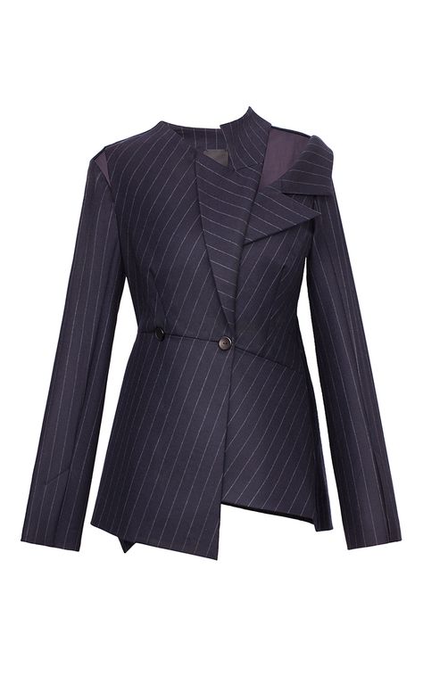 Asymmetrical Pinstripe Blazer by BEVZA for Preorder on Moda Operandi Female Suits, Clothes Art, Jacket Ideas, Pinstripe Blazer, Asymmetric Jacket, Classy Work Outfits, Pant Suit, Coat Design, Blazer Fashion