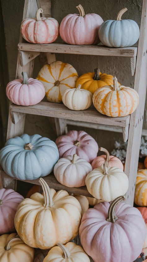 A rustic wooden ladder showcasing an array of pastel-colored pumpkins, featuring soft blues, pinks, and creams with pops of yellow. The display creates a charming and whimsical fall aesthetic, perfect for seasonal decor. Pastel Autumn Decor, Pastel Thanksgiving Decor, Pastel Fall Decor, Pastel Thanksgiving, September Decor, Unique Fall Decor, Autumn Gathering, Pumpkin Display, Fall Decor Inspiration