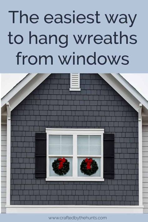 Exterior Wreaths, How To Hang Wreaths On Windows, Wreaths For Christmas, Christmas Lights On House Exterior, Christmas Wreaths For Windows, Hanging Wreaths, Christmas Lights On House, Exterior Windows, Diy Valentines Day Wreath