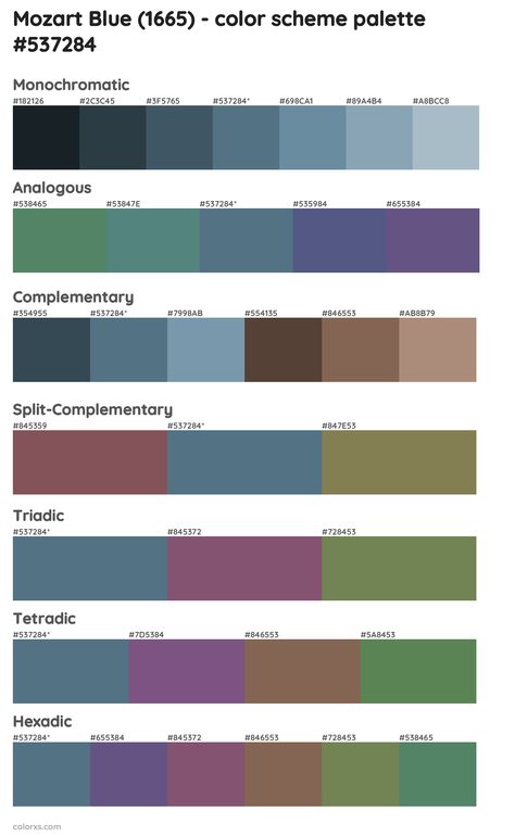 Benjamin Moore Mozart Blue (1665) Paint coordinating colors and palettes Aleutian Color Palette, Sw Aleutian, Aleutian Sherwin Williams, Sherwin Williams Aleutian, Valspar Blue, Sherwin Williams Color Palette, Analogous Color Scheme, Rgb Color Codes, Split Complementary Colors