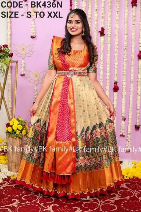 Banarasi Gown, Pattu Gown, Long Gowns For Women, Pattu Dress, Dress Lehenga, Lehenga Dress, Simple Frock Design, Lehenga Saree Design, Long Frock Designs