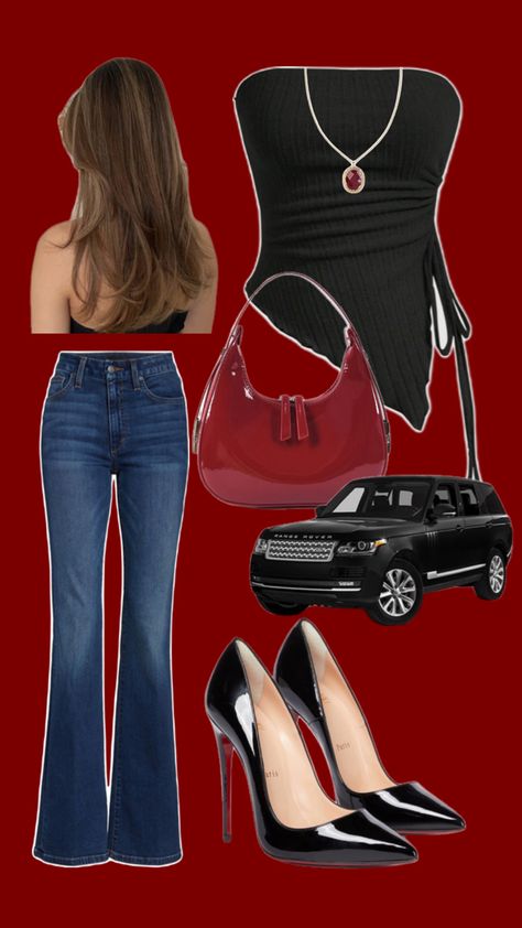 outfit inspo , outfit ideas , rich , expensive, luxury, red , black Outfits Expensive, Gossip Girl Vibes, Flare Jeans Black, It Girl Outfit, Expensive Outfits, New York Girl, Jeans Heels Outfit, Flare Jeans Outfit, University Outfit