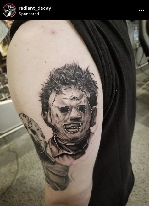 Leatherface Tattoo Ideas, Leather Face Tattoo Design, Horror Portrait Tattoo, Leather Face Tattoo, Leatherface Tattoo, Horror Movie Tattoos Sleeve, Horror Movie Tattoos Ideas, Halloween Themed Tattoos, Cameo Tattoo