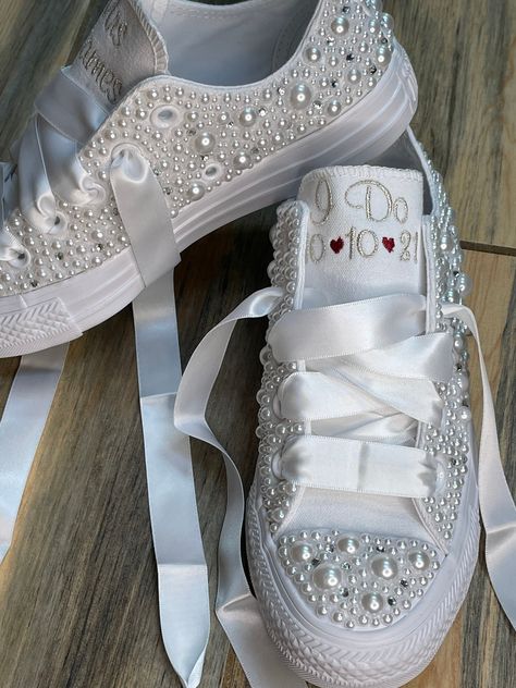 Platform PEARL and BLING Encrusted Converse, Bride Shoes, Wedding Embroidered Wedding shoes, wedding sneakers, Decorated ShoesConverse by EmbroideryByDarlene on Etsy Bedazzled Wedding Sneakers, Bedazzled Wedding Shoes, Wedding Tennis Shoes Brides, Diy Bridal Shoes, Shoes Decoration Ideas, Diy Rhinestone Shoes, Converse With Rhinestones, Bride Tennis Shoes, Converse Bride