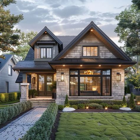 Tudor Style Bungalow, Modern Home Colors Outside, Houses Cosy Exterior, Modern Countryside House Exterior, Midwestern Home Exterior, Nice Houses Dream Homes Small, Small Cosy House Exterior, Wood And Rock House Exterior, New American House Exterior