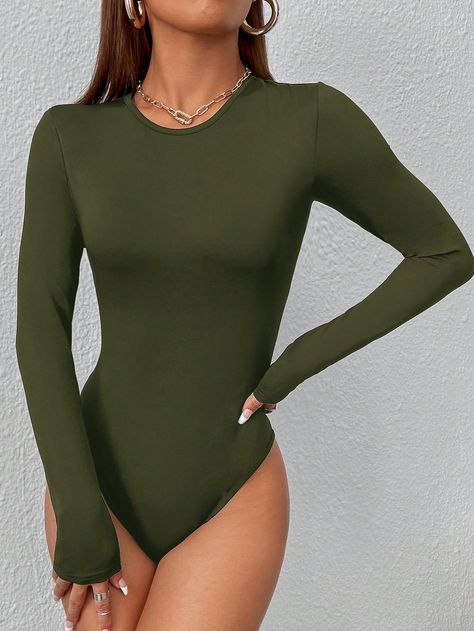 Solid Slim Fit Spring Women Bodysuit Army Green Casual  Long Sleeve Fabric Plain Tee High Stretch  Women Clothing, size features are:Bust: ,Length: ,Sleeve Length: Body Verde, Green Bodysuit, Body Outfit, Plain Tees, Spring Women, Womens Bodysuit, Body Suit, Long Sleeve Bodysuit, Jumpsuits For Women