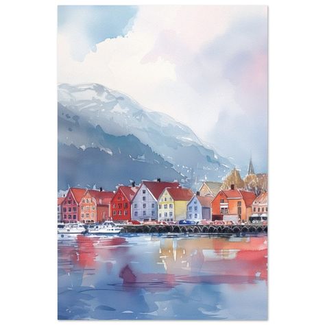 Drawing inspiration from my Norwegian heritage, this "Bergen Waterfront Watercolor" print vividly captures the historic Bryggen Waterfront, a testament to Bergen's enduring costal charm. When I was visiting Norway, Bryggen, the old wharf of Bergen was my favorite location in the country. The deep culture and old-world speed of life was surreal, as if you were transported directly into a postcard scene. The traditional watercolor techniques of this piece aim to honor my cultural roots with the ic Norway Watercolor, Visiting Norway, Norwegian Landscape, Norwegian Heritage, Seascape Wall Art, Visit Norway, Coastal Prints, Watercolor Techniques, Watercolor Art Prints