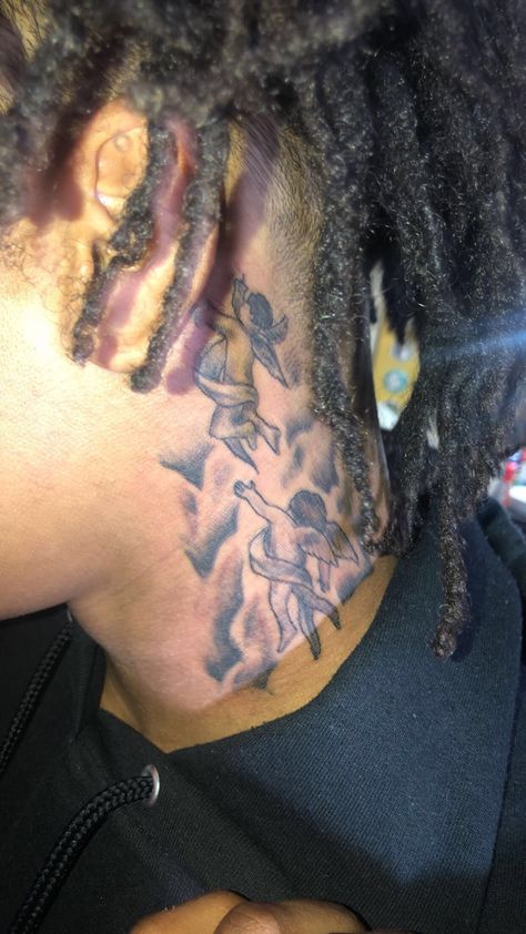 Neck Tattoo For Guys Behind Ear, Flames Neck Tattoo Men, Side Next Tattoo Men, Bible Neck Tattoo, Men Neck Tattoo Design, Mens Black Tattoos, Fire Neck Tattoo Men, Neck Tattoos Men Side, Rare Neck Tattoo