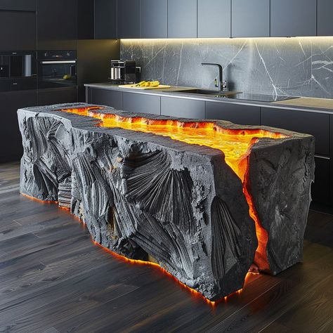 Introducing the “Lava Flow” kitchen island: inspired by the raw power and beauty of molten lava, its fiery design and accents are sure to ignite culinary inspiration in any kitchen space. Conceptual AI Art Follow @ecosapiens for more! Concrete Countertop Ideas, Stone Kitchen Island, Concrete Mix Design, Stone Wall Design, Futuristic Home, Molten Lava, Beauty Room Design, Showroom Interior Design, Stone Kitchen