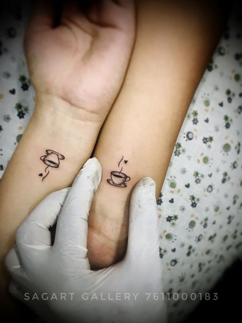 Coffee Matching Tattoo, Tea Leaves Tattoo, Tea Tattoo Ideas, Cup Of Tea Tattoo, Tattoos Parejas, Friends Tattoos, Coffee Cup Tattoo, Pair Tattoos, Tattoo Cafe