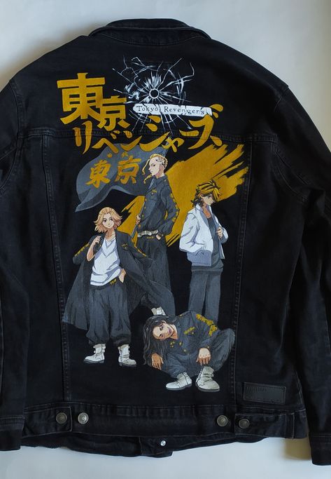 Anime Painted Jacket, Customise Jeans, Anime Denim Jacket, Embroidery Jeans Jacket, Anime Jacket, Customised Denim Jacket, Formal Dress Patterns, Hand Painted Denim, Painting Hoodie