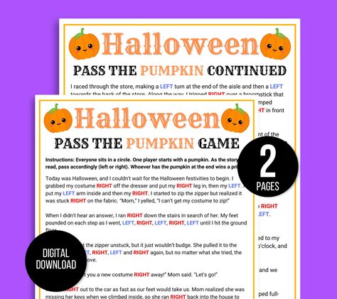 Are you planning on hosting a Halloween party? Are you searching for a fun Halloween game that will keep your guests feeling entertained? Well look no further than this Halloween left right game. Read this Halloween Left Right Party Game Story, play the pass the prize game, and see where the pumpkin lands. Halloween Pass the Prize Poem: https://proudpracticalprints.etsy.com/listing/1764011854/pass-the-pumpkin-game-halloween-pass-the Halloween Emoji Game: https://proudpracticalprints.etsy.com/listing/1778012119/halloween-emoji-game-emoji-halloween Halloween Bingo: https://proudpracticalprints.etsy.com/listing/1576941755/halloween-bingo-30-halloween-bingo-cards Use this Halloween gift exchange game at your next Halloween party. It can be used at home with family, during a Halloween party or Halloween Gift Exchange Game, Halloween Left Right Game, Pass The Pumpkin, Pass The Prize Game, Pumpkin Game, Left Right Game, Halloween Classroom Activities, Halloween Bingo Cards, Halloween Emoji