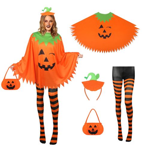 PRICES MAY VARY. [Complete Halloween Costume Ensemble] This pumpkin costume set includes a Pumpkin Costome Poncho, a pumpkin headband, a pumpkin candy bag, and black-orange Nylon Striped Tights, offering a full and cohesive look for your Halloween festivities [Eye-Catching Design] The bright colors and playful pumpkin theme are sure to make you stand out in any Halloween party or trick-or-treating event [Versatile Leggings] The black and orange striped leggings can be worn not only as part of th Adult Pumpkin Costume, Costumes Faciles, Most Creative Halloween Costumes, Easy Halloween Costumes For Women, Halloween Capes, Cape Costume, Capes For Kids, Zucca Halloween, Pumpkin Costume