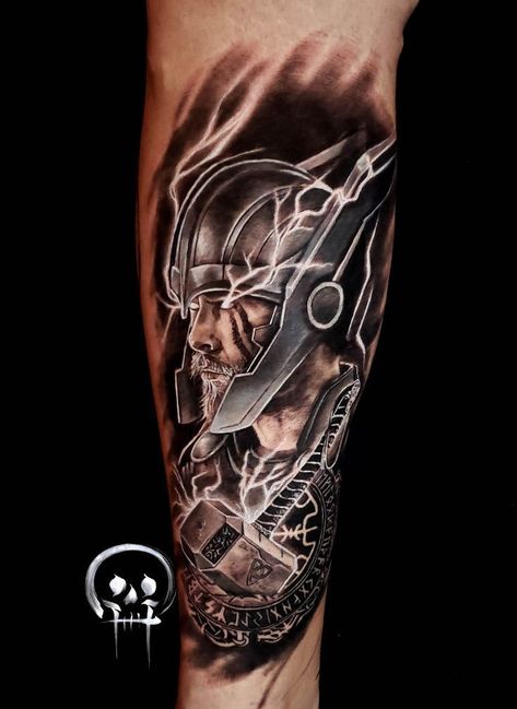 Thor Tattoos For Men, Thor Tattoo Marvel, Marvel Sleeve Tattoo, Thor Tattoo Design, Sean Tattoo, Marvel Sleeve, Superhero Tattoos, Calf Sleeve Tattoo, Thor Tattoo