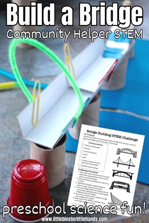 Building Bridges - Little Bins for Little Hands Easy Preschool Science, Stem Activities For Preschoolers, Preschool Stem Activities, Bridge Stem Challenge, Stem Bridges, Paper Bridge, Simple Stem Activities, Preschool Construction, Bridge Engineering