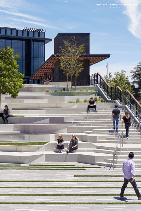 The grand stair serves the dual purpose of drawing people to the elevated plaza as well as providing amphitheater seating for a casual lunch meeting, or summer concerts, performances and outdoor screenings… The Culver Steps | Culver City | California | Ehrlich Yanai Rhee Chaney Architects with SWA Group Stairs With Seating Architecture, City Plaza Design, Stairs With Seating, Stair Seating, Step Seating, Amphitheater Design, Amphitheater Seating, Ramps And Stairs, Grand Stairs