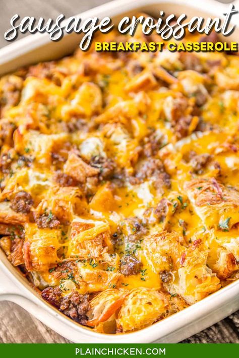 Sausage Croissant Breakfast Casserole - we love this easy overnight breakfast casserole! Sausage, croissants, cheddar cheese, eggs, half-and-half, dry mustard, salt, and pepper. Assemble the night before and bake in the morning. Great for breakfast, brunch, lunch, dinner, and overnight guests. #casserole #breakfast #croissant #sausage #casserole Croissant Leftover Recipes, Sausage Croissant, Overnight Sausage Breakfast Casserole, Easy Overnight Breakfast Casserole, Easy Overnight Breakfast, Croissant Recipes, Croissant Breakfast Casserole, Plain Chicken Recipe, Cabin Food