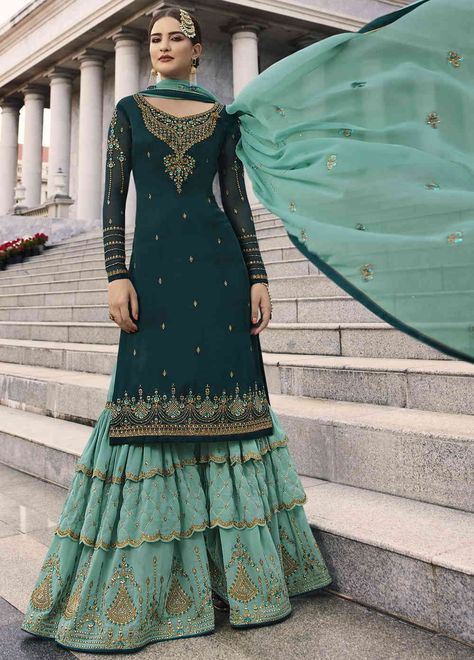 Buy Online Delectable Royal Blue Party Wear Sharara Style Suit for women at best pirce at manndola Wedding Sharara Suit, Green Salwar Suit, Wedding Sharara, Designer Sharara Suits, Georgette Sharara, Embroidered Sharara, Black Lehenga, Bollywood Outfits, Salwar Kamiz