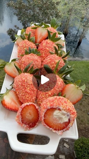 Strawberry Crunch Cheesecake Stuffed Strawberries, Strawberry Shaped Cake Pops, Strawberry Shortcake Party Food, Stuffed Strawberry Cheesecake, Strawberry Shortcake Strawberries, Cookie Basket Ideas, Strawberry Shortcake Crumbs, Strawberry Shortcake Baby Shower Ideas, Strawberry Shortcake Party Ideas