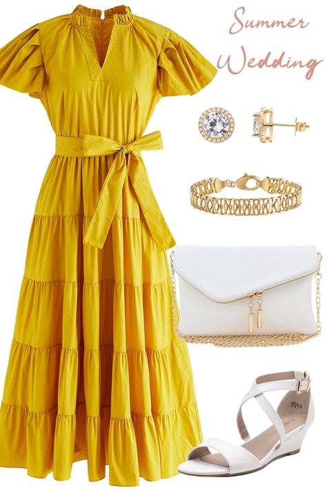 Yellow dress, which clutch, white heels Summer Wedding Guest Outfit, Pale Yellow Dresses, Yellow Wedding Inspiration, Shoes Guide, Dress And Accessories, Summer Wedding Guest, Yellow Accessories, Summer Wedding Guests, White Clutch