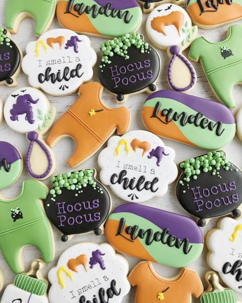 The Bakerin ~ Barb S. on Instagram: "Hocus Pocus baby shower edition. *** Soooooo tell me, all you Hocus Pocus fans... how was the sequel? *** Yes, my two Hocus Pocus sets had some similarities and I shamelessly admit that. To all the new cookiers... you don't have to re-invent the wheel every single time. It's ok to repurpose your own ideas, and if it's someone else's idea, just tag them! Everyone likes to be someone's inspiration." Hocus Pocus 3rd Birthday, Hocus Pocus Gender Reveal Party, Disney Halloween Baby Shower Ideas, I Smell A Child Baby Shower Theme, Hocus Pocus Gender Reveal Ideas, Hocus Pocus Baby Shower Ideas, Hocus Pocus Gender Reveal, Hocus Pocus Baby Shower Theme, Spooky Sprinkle