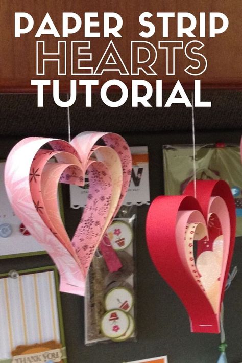 Paper Strip Hearts are super easy and fun to make. Hang them from the ceiling or add to a banner for fun party decor or home decor. Easy DIY Craft Tutorial Idea. #thecraftyblogstalker #valentinesday #paperhearts #valentinedecor #hearts Hanging Paper Hearts Diy, Paper Heart Decorations, Hanging Hearts Decoration Diy Crafts, Paper Strip Hearts, Valentines Paper Crafts, Hanging Hearts Decoration, Diy Paper Hearts, Valentines Day Decorations Diy, Heart Decorations Diy